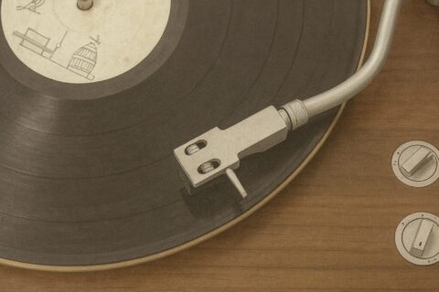 再生中のレコードプレイヤーと木目のターンテーブル