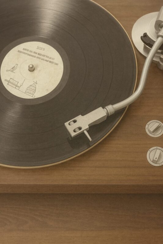 再生中のレコードプレイヤーと木目のターンテーブル