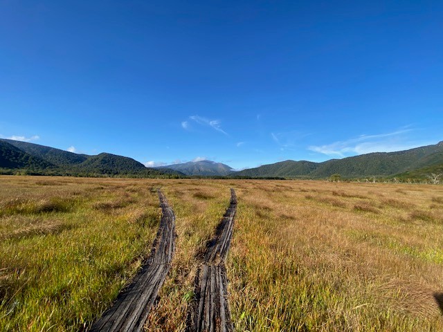 尾瀬の草原に続く木道と遠くに連なる山並み