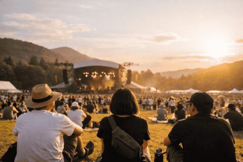 屋外フェスティバルで人々が思い思いに過ごしている様子