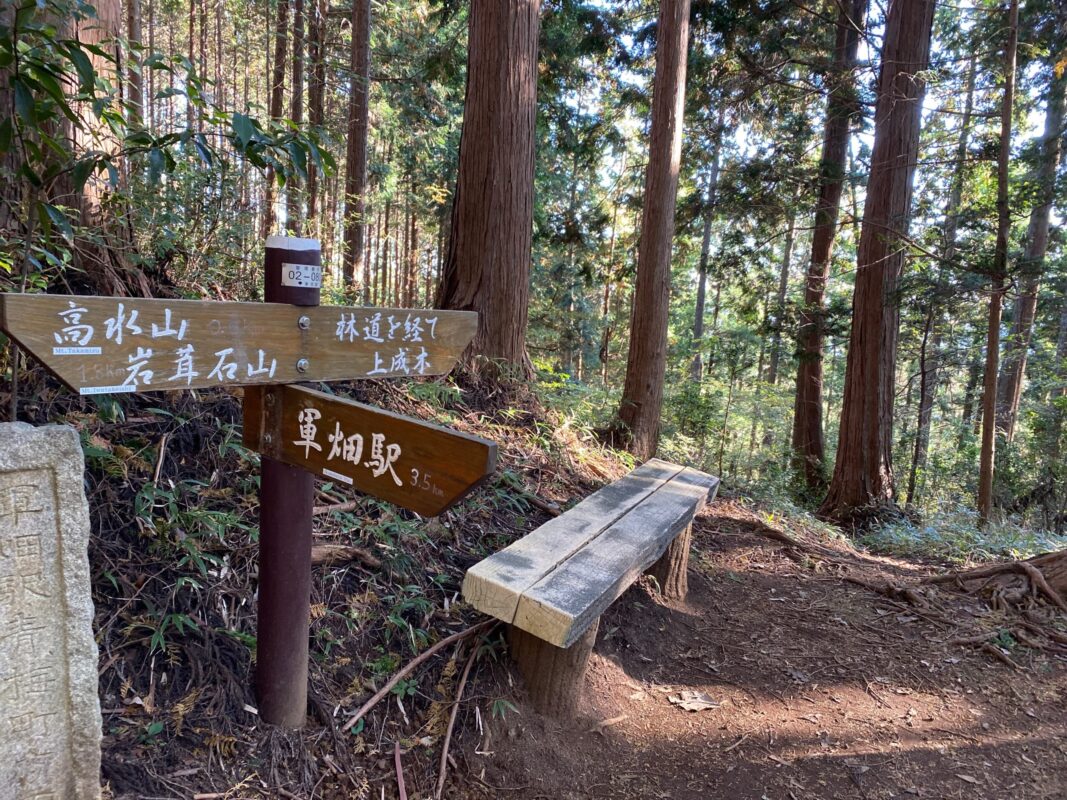 高水三山の登山道にある道標とベンチ