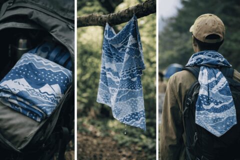 バックパックの中に畳まれて入っているてぬぐい